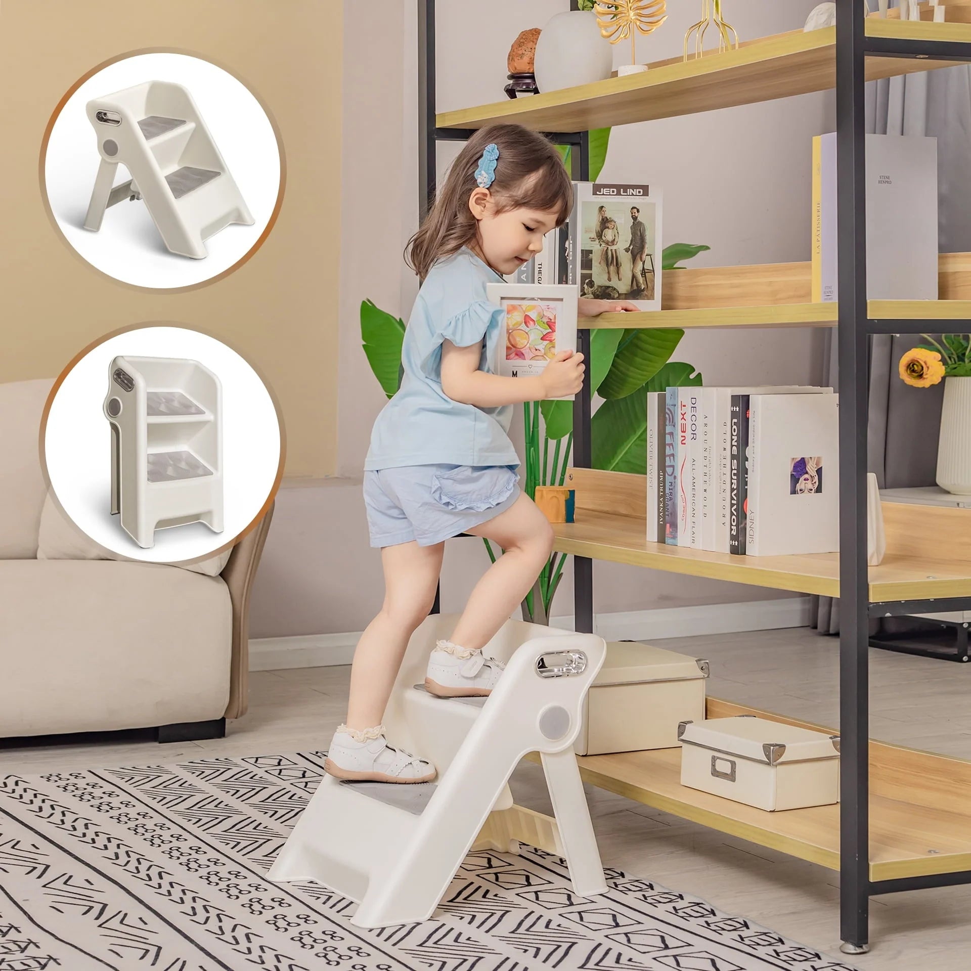 UNCLE WU Folding 2 Step Stool for Kids -Potty Training Stool for Kitchen Helper,Bathroom,Bedroom (White)