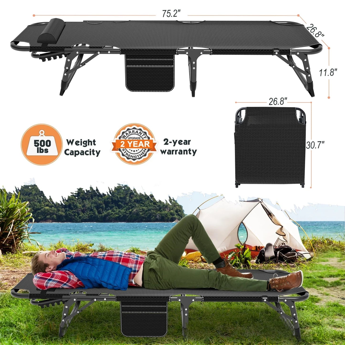 MOPHOTO Adult Camping Cot Adjustable 4-Position Folding Cot, Portable Heavy Duty Sleeping Bed, Outdoor Patio Folding Lounge Chair for Sunbathing