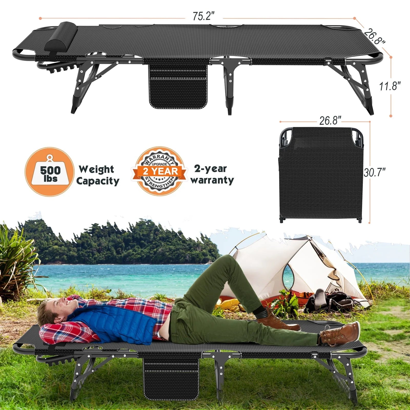 MOPHOTO Adult Camping Cot Adjustable 4-Position Folding Cot, Portable Heavy Duty Sleeping Bed, Outdoor Patio Folding Lounge Chair for Sunbathing