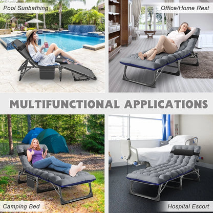 MOPHOTO 75" Adult Camping Cot Folding Cot, Portable Heavy Duty Adjustable 4-Position Sleeping Bed, Outdoor Patio Folding Lounge Chair for Sunbathing with Mattress