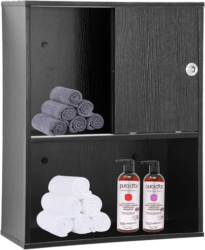 BarberPub Wall Mounted Bathroom Storage Cabinet with Sliding Door and Shelf, Salon Storage Equipment, 30"(H)x 23.6"(W), Black