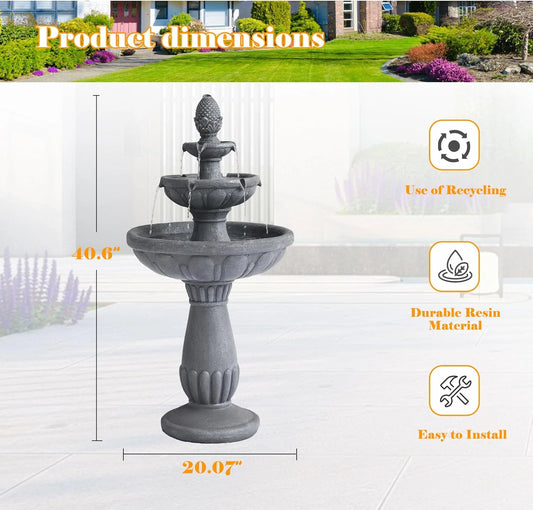 Haverchair 40.6" High Large Italian Outdoor Water Fountain, 3-Tier Standing Bubbler Waterfalls Fountain with Pineapple Top and Roman Pillar, Resin Garden Water Fountains for Bird Bath Patio Yard Deck