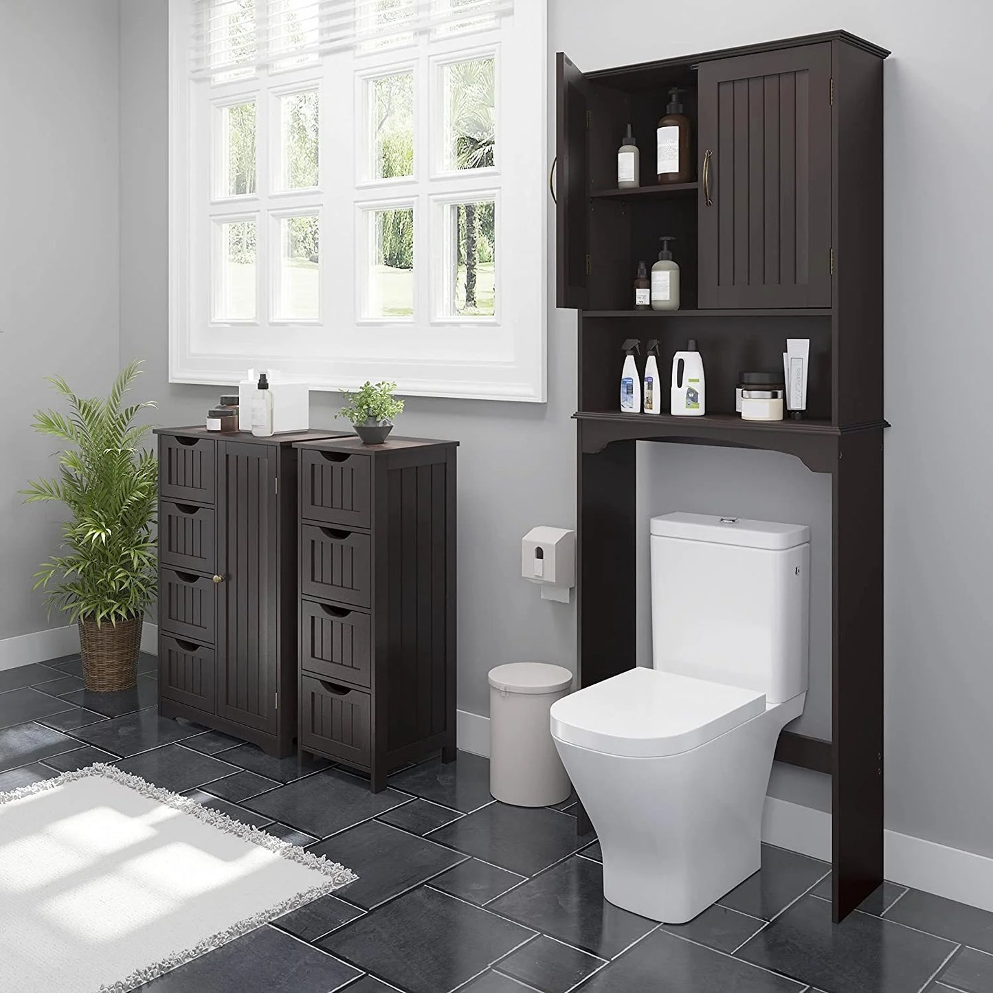 Bilot Over The Toilet Storage Cabinet Bathroom Organizer with Adjustable Shelf & Double Doors for Toilet, Home Space-Saving Furniture, L24.5xW9xH66 Inches, Espresso