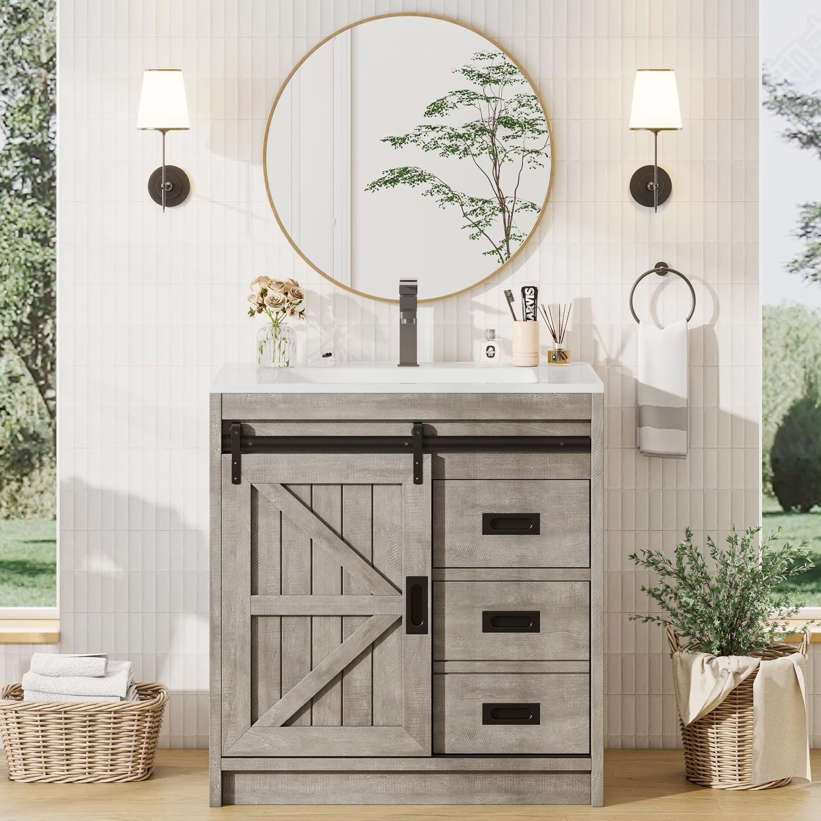 VANACC 31" Farmhouse Sliding Barn Door Bathroom Vanity with Sink Combo, Bathroom Cabinet with Drawers & Metal Handles, Freestanding, Distressed White