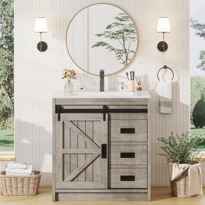 VANACC 31" Farmhouse Sliding Barn Door Bathroom Vanity with Sink Combo, Bathroom Cabinet with Drawers & Metal Handles, Freestanding, Distressed White