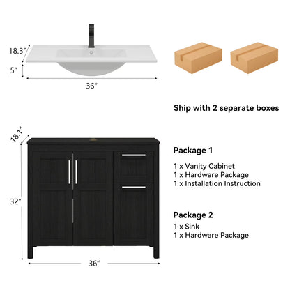 PULUOMIS 36 Inches Bathroom Vanity in Black Finish with Glass Boat-Shaped Vessel Sink, Single Bathroom Vanity with Top, 2-Door Cabinet and 2 Drawers