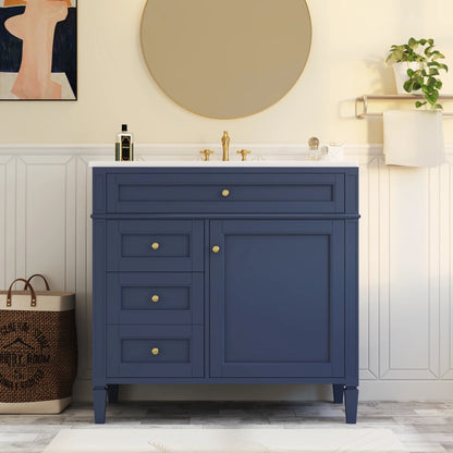 EUROCO 36'' Bathroom Vanity with Sink, Modern Bathroom Storage Cabinet with 2 Drawers and a Tip-out Drawer, Freestanding Bathroom Dresser, Blue