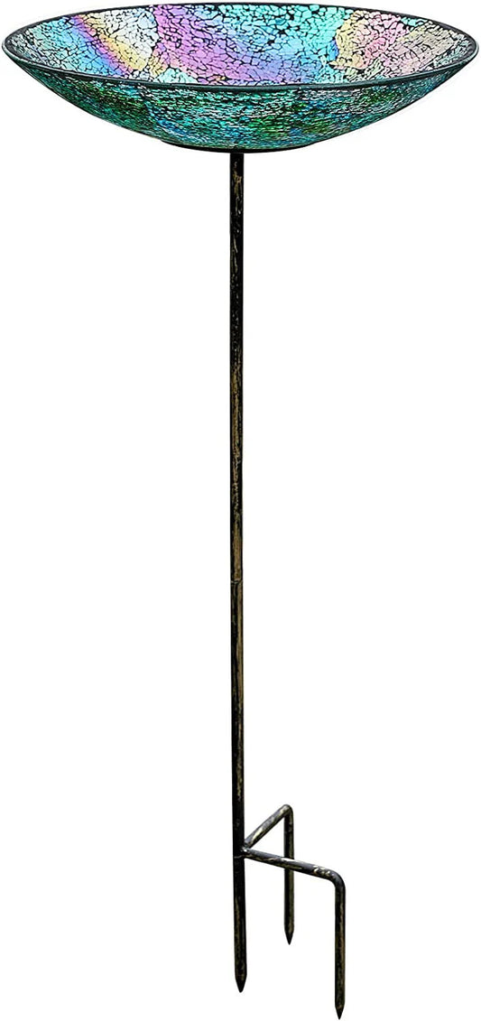 WHOLE HOUSEWARES D 13" x H 30" Birdbath/Feeder with Stake, Iridescent Crackled Glass