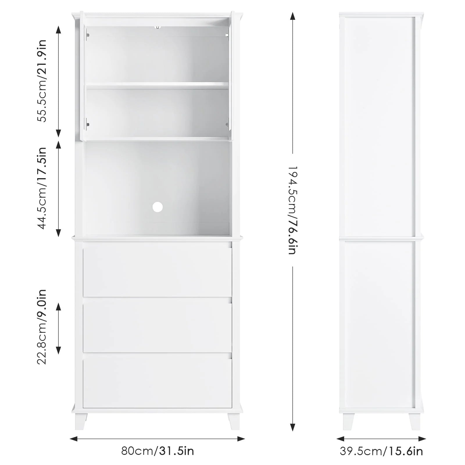 Homfa 3-Drawer Kitchen Storage Cabinet, 76.6'' Tall Cabinet with Clear Glass Door for Bathroom, White