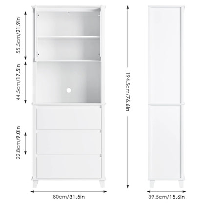 Homfa 3-Drawer Kitchen Storage Cabinet, 76.6'' Tall Cabinet with Clear Glass Door for Bathroom, White