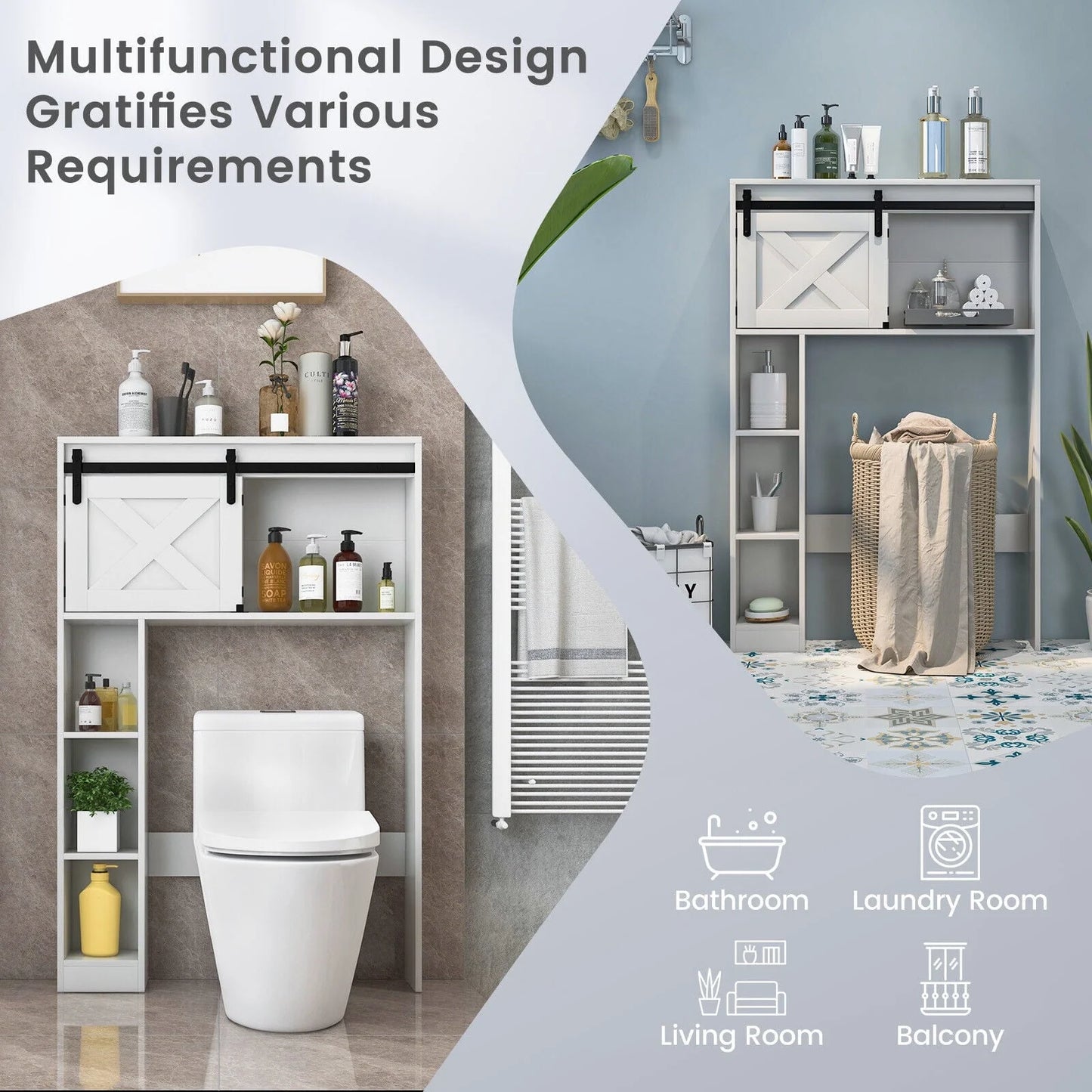 FONIRRA Over The Toilet Storage Cabinet with Sliding Barn Door Storage Shelves, Toilet Bathroom Organizer for Restroom Laundry, White