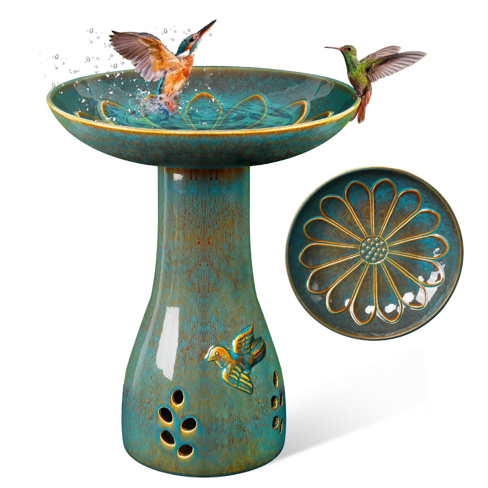 EFISPSS Ceramic Outdoor Bird Bath with Diamond and Blue Decor