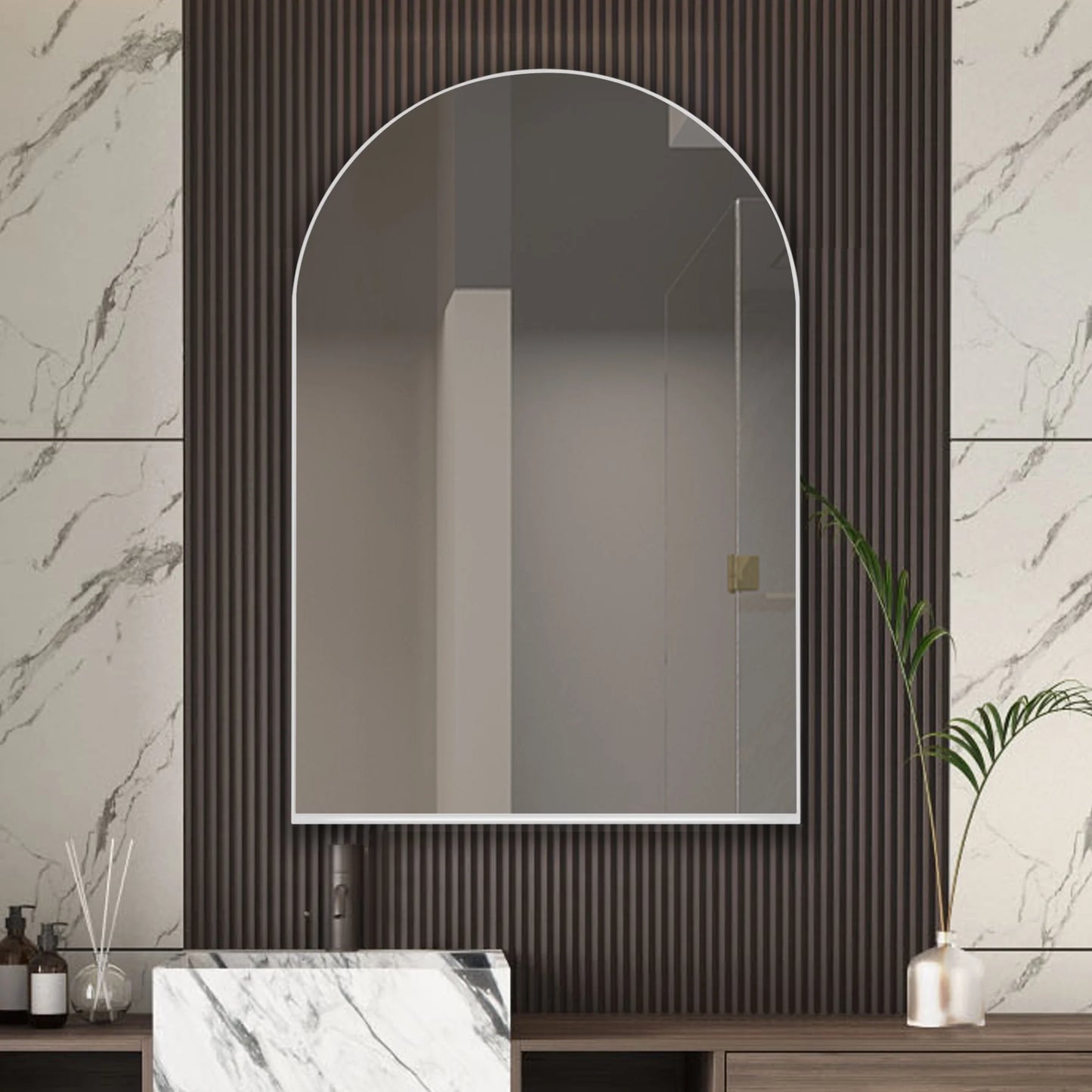 DUOSONG 24X36 Inch Arched Recessed Medicine Cabinet, Metal Framed Bathroom Wall Cabinet With Mirror And Adjustable Shelves, Wall Mirror With Storage For Bathroom, White White Metal Bath & Faucets
