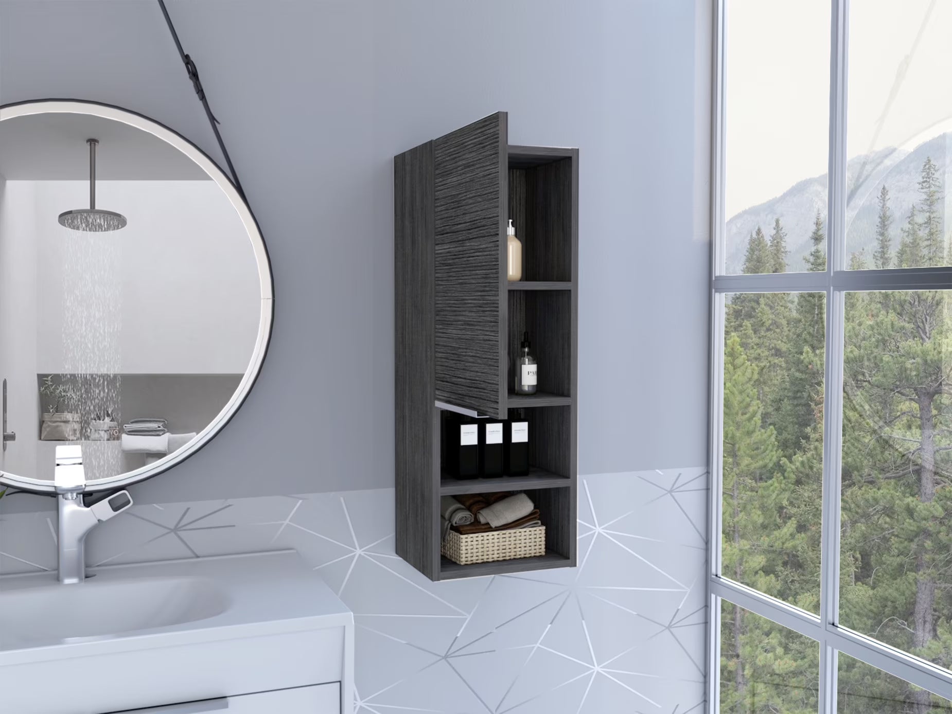Particle Board Medicine Cabinet with 1 Doors and 2 Semi-open Shelves, Wall Cabinet for Bedroom,Living Room and Bathroom, Black