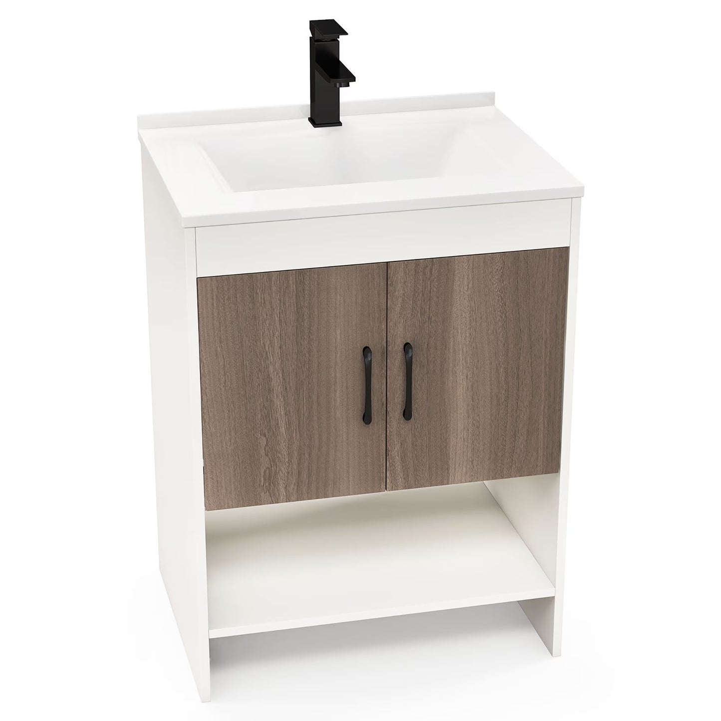 Gymax 25'' Bathroom Vanity Sink Combo w/ Doors Open Shelf Backsplash Faucet Pop Up Drain