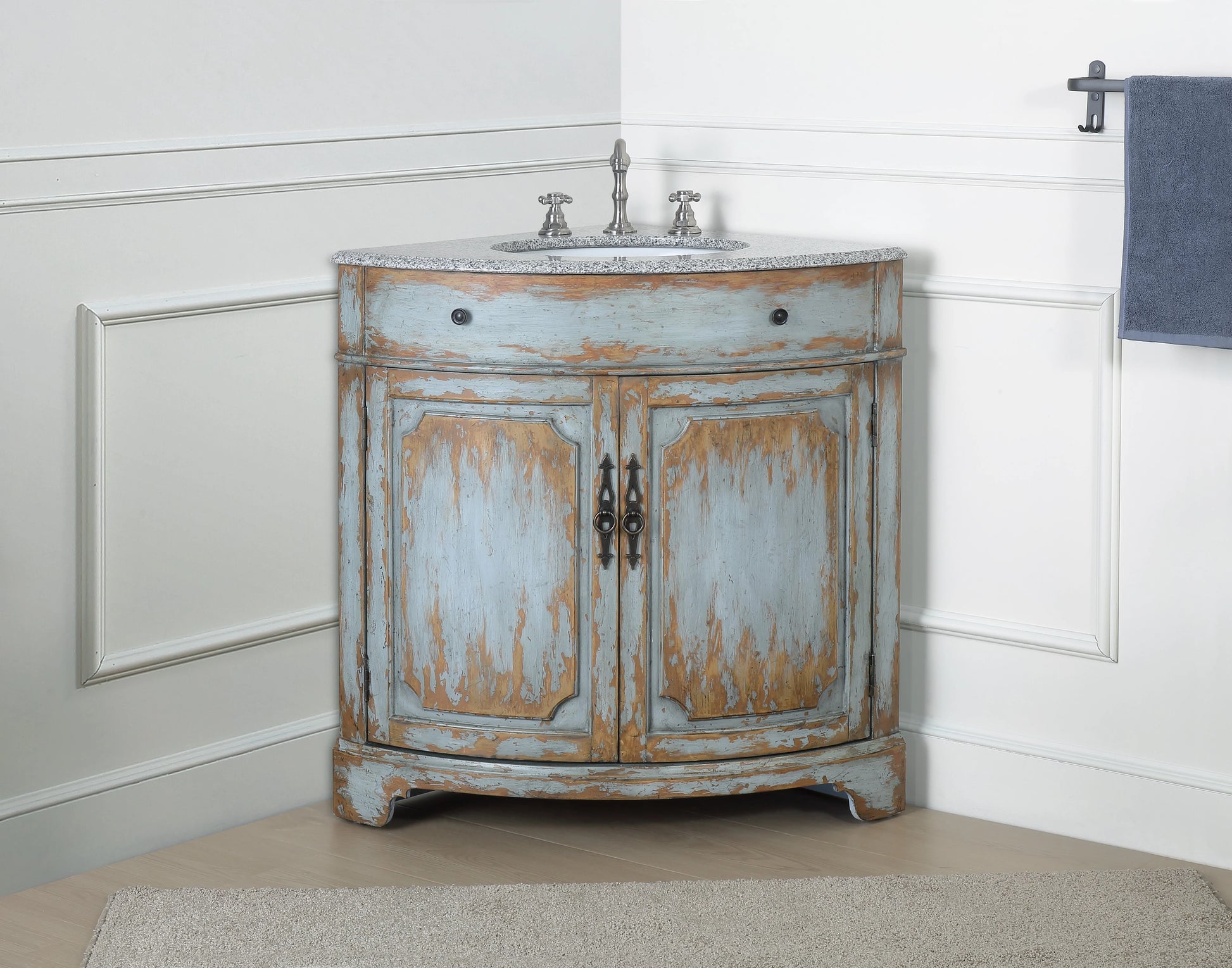Benton Collection 24" Distressed Gray Corner Bathroom Vanity with White Quartz Top