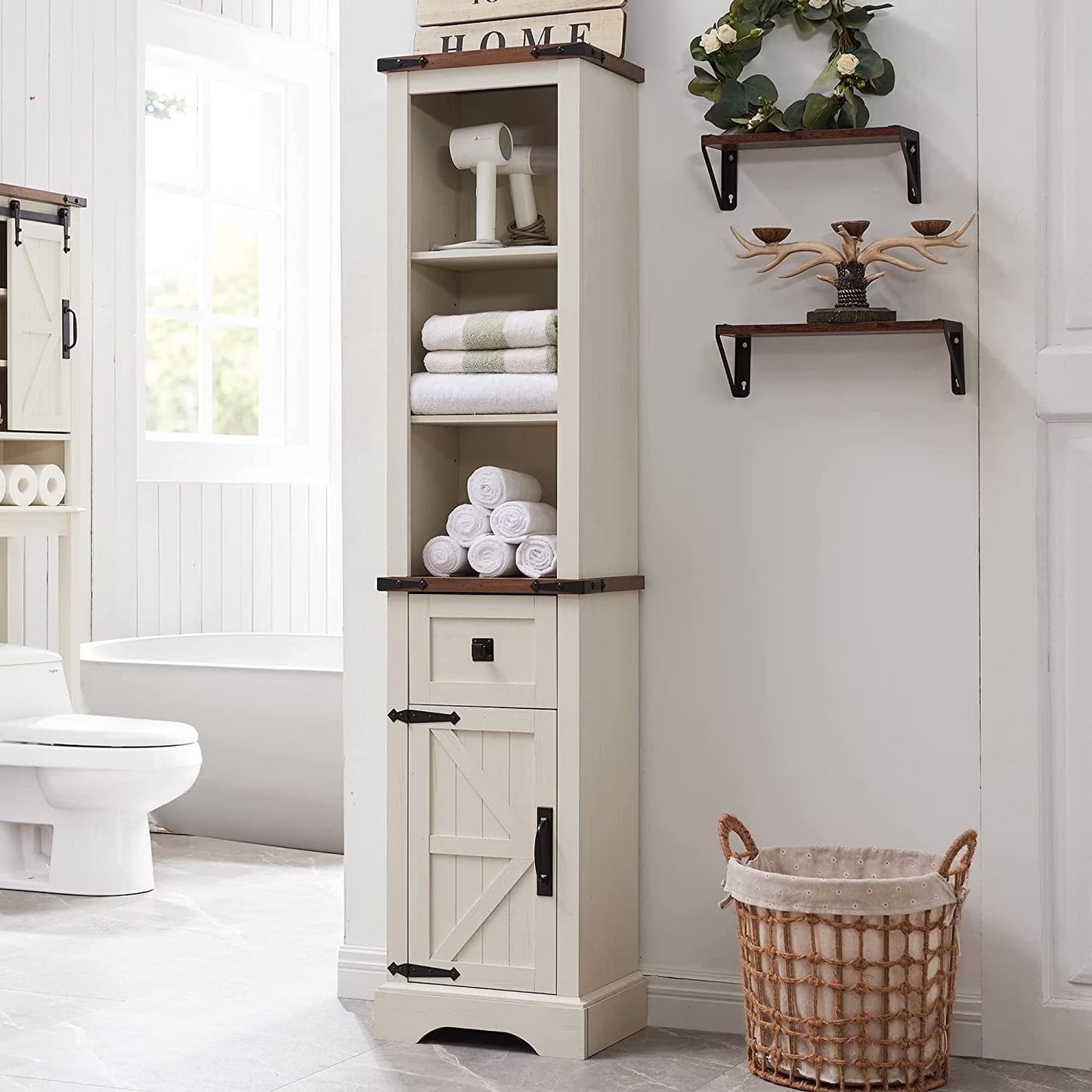 OKD Farmhouse Bathroom Organizers and Storage, Narrow Tall Cabinet Storage Tower with Door and Drawer, Light Rustic Oak