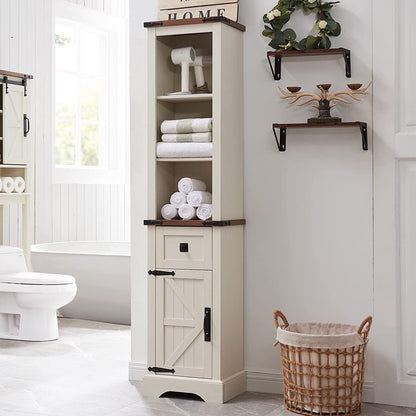 OKD Farmhouse Bathroom Organizers and Storage, Narrow Tall Cabinet Storage Tower with Door and Drawer, Light Rustic Oak