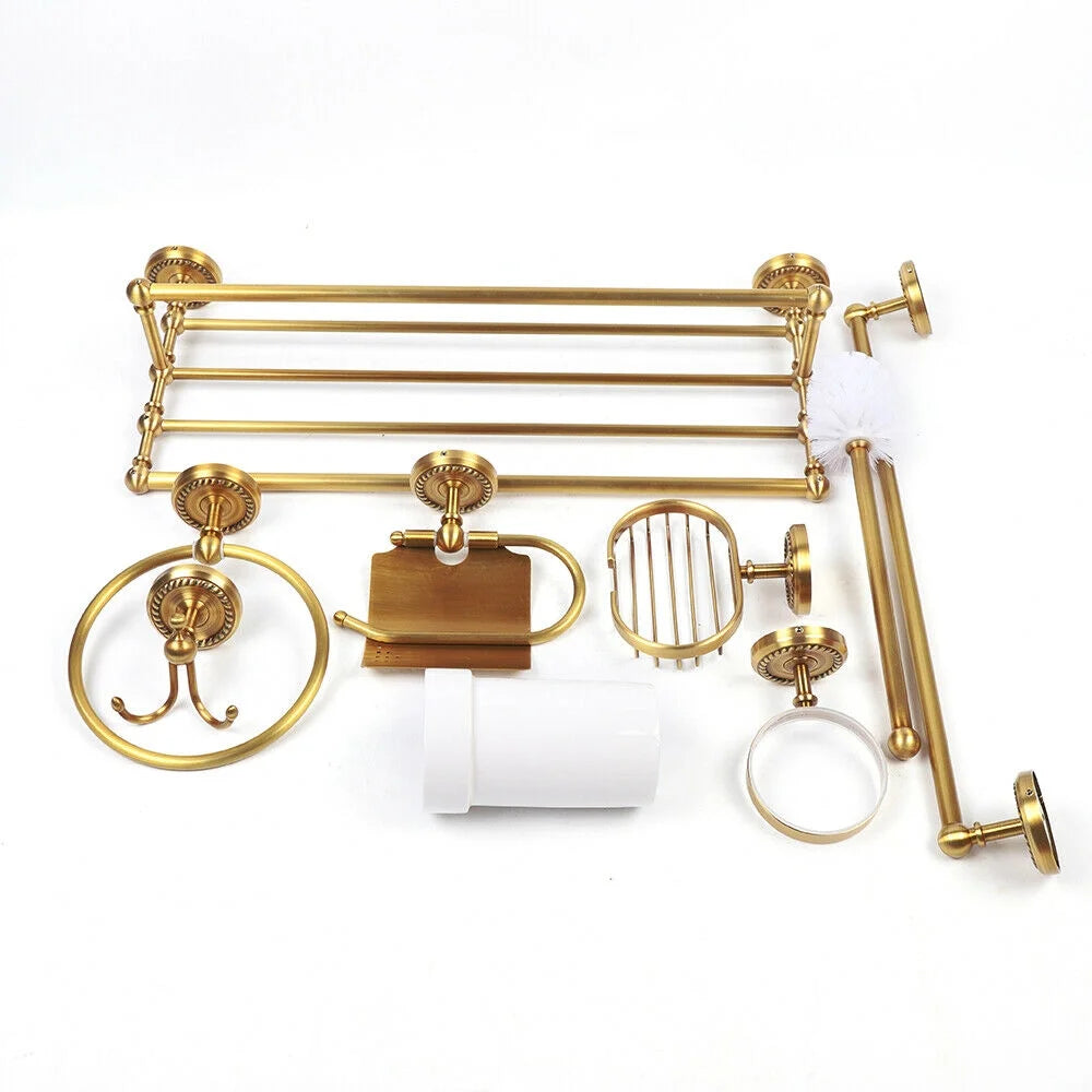 Fichiouy 7Pcs Bathroom Towel Holder Set Vintage Gold Wall Mount Towel Bar Rack Holder