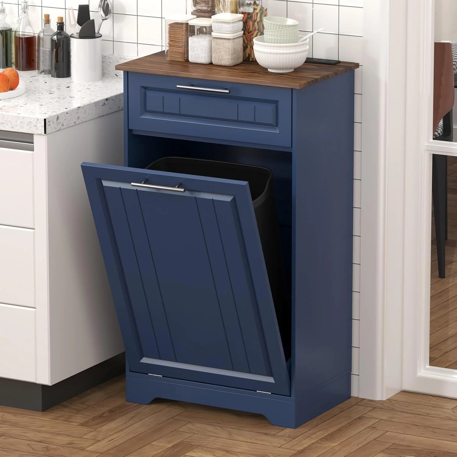 Single 10 Gallon Tilt Out Trash Can Cabinet with Deodorizing Function, Wooden Hidden Garbage Can Holder with Storage Drawers for Kitchen and Dining Room, Laundry Hamper Cabinet for Bathroom, Blue