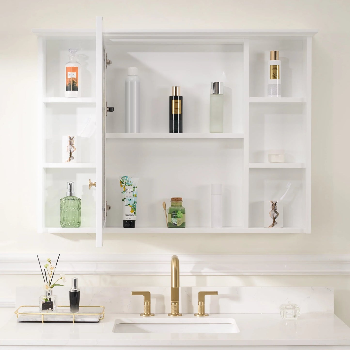Forclover 42"x 30" Wall Mounted Mirrored Medicine Cabinet for Bathroom, 6 Tier Wood Mirror Cabinet Storage with 1 Soft-close Door, Bathroom Accessory, White