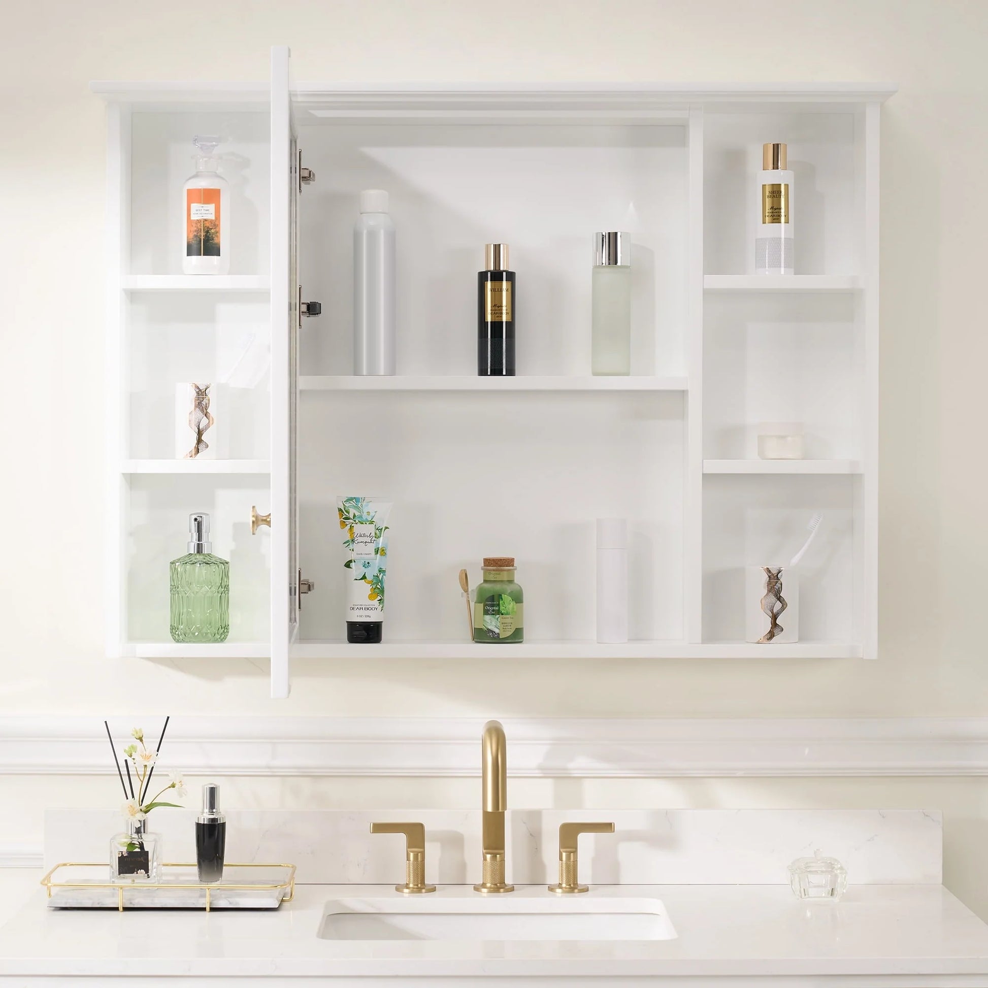 Forclover 42"x 30" Wall Mounted Mirrored Medicine Cabinet for Bathroom, 6 Tier Wood Mirror Cabinet Storage with 1 Soft-close Door, Bathroom Accessory, White
