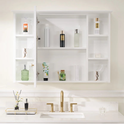 Forclover 42"x 30" Wall Mounted Mirrored Medicine Cabinet for Bathroom, 6 Tier Wood Mirror Cabinet Storage with 1 Soft-close Door, Bathroom Accessory, White