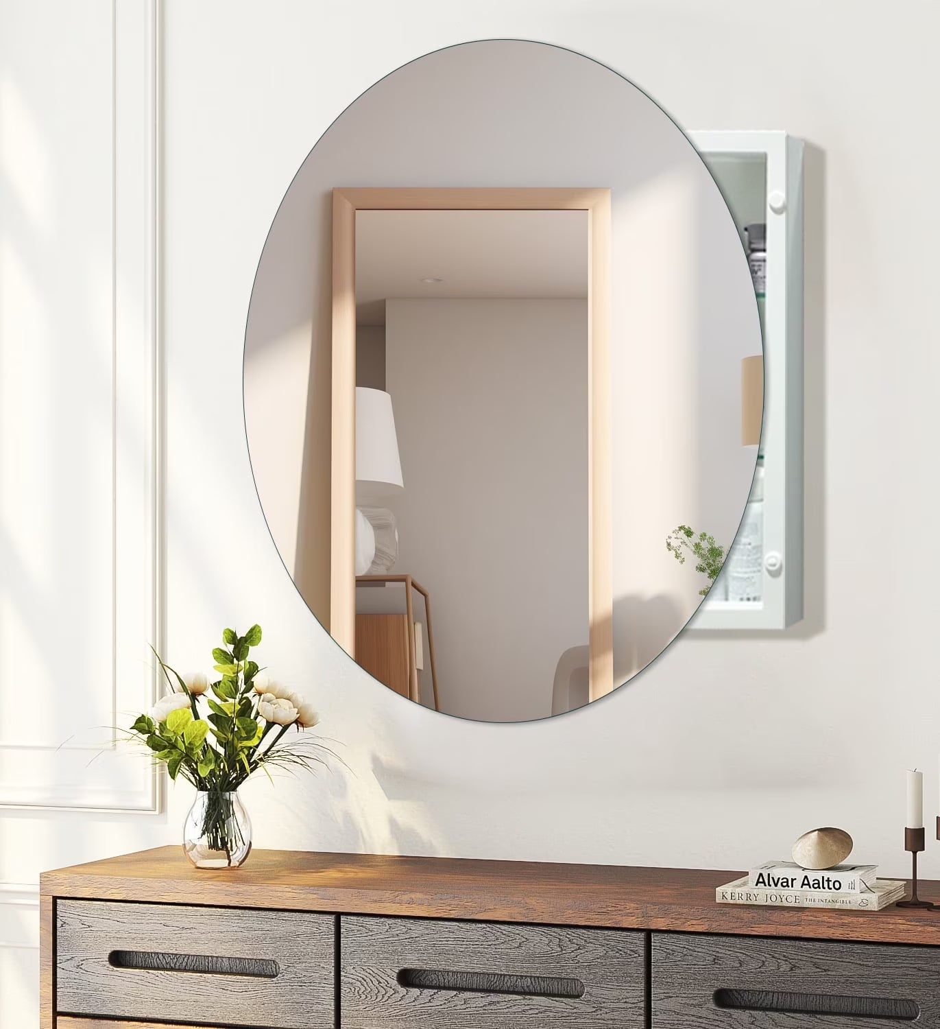 FUMANGO Medicine Cabinet Round Bathroom Cabinet Mirror, Circular Storage Cabinet Round Frameless Mirror Cabinet with Surface Mounted