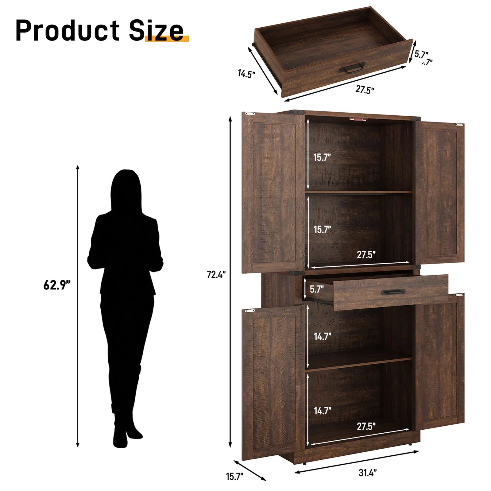 72" Tall Kitchen Pantry, Farmhouse Pantry Cabinet with 1 Drawer & 4 Layer Adjustable Shelves, Rustic Wood Storage Cupboard with Metal Load-Bearing Pipe for Kitchen Bathroom Living Room Hallway