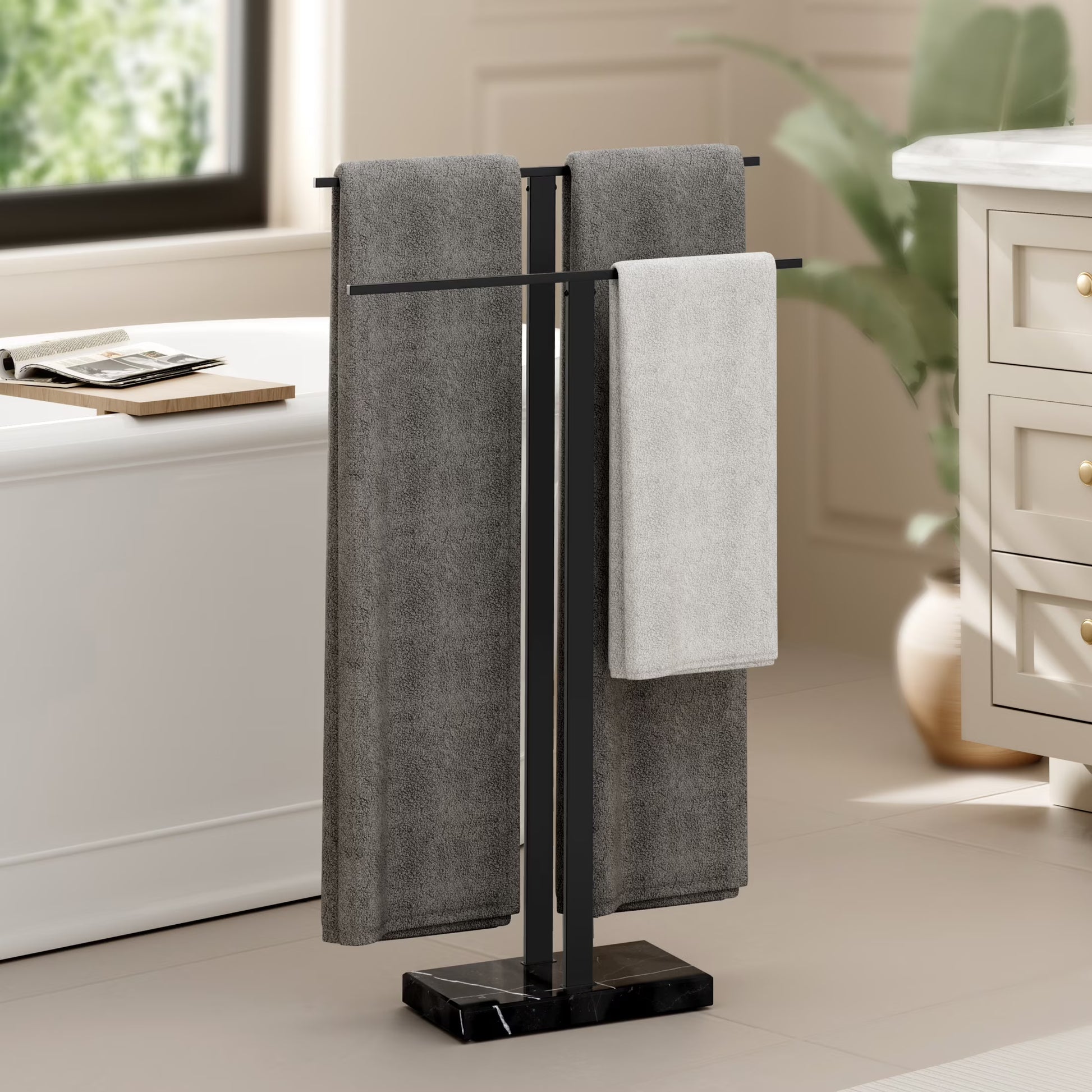 KES Freestanding Towel Rack for Bathroom 2-Tier, Floor Towel Stand with Heavy Marble Base, 18/8 Stainless Steel Brushed, WMBTR003BS