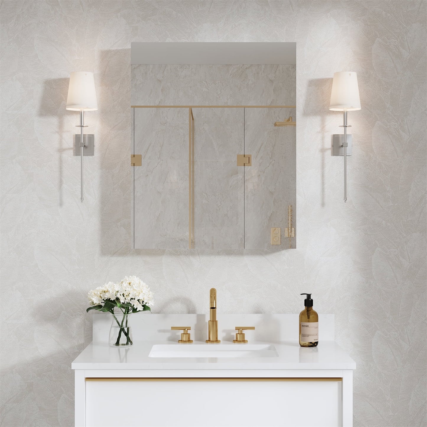 24" x 30" Bi-View Medicine Cabinet with Mirror, Surface Mount or Recessed Mirror Medicine Cabinet for Bathroom, Anodized Chrome Aluminum Frame, Bathroom Mirror Cabinet with Storage Right Open