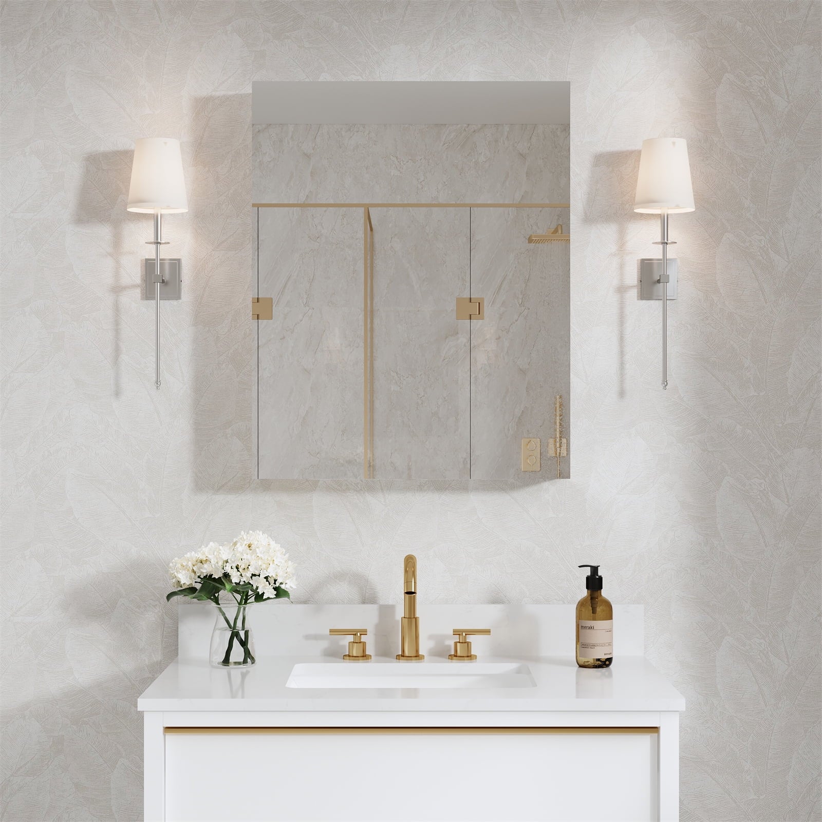 24" x 30" Bi-View Medicine Cabinet with Mirror, Surface Mount or Recessed Mirror Medicine Cabinet for Bathroom, Anodized Chrome Aluminum Frame, Bathroom Mirror Cabinet with Storage Right Open