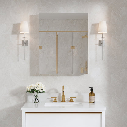24" x 30" Bi-View Medicine Cabinet with Mirror, Surface Mount or Recessed Mirror Medicine Cabinet for Bathroom, Anodized Chrome Aluminum Frame, Bathroom Mirror Cabinet with Storage Right Open