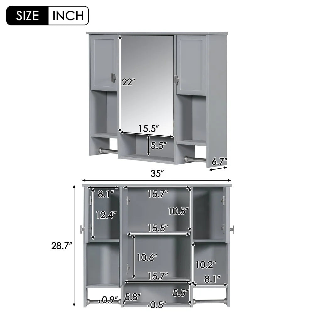 IVV Wall Mounted Bathroom Cabinet with Mirror, Modern Over The Toilet Storage Cabinet, White Medicine Cabinet Organizer with 3 Doors, 2 Towel Bars, Open Storage & Adjustable Shelves