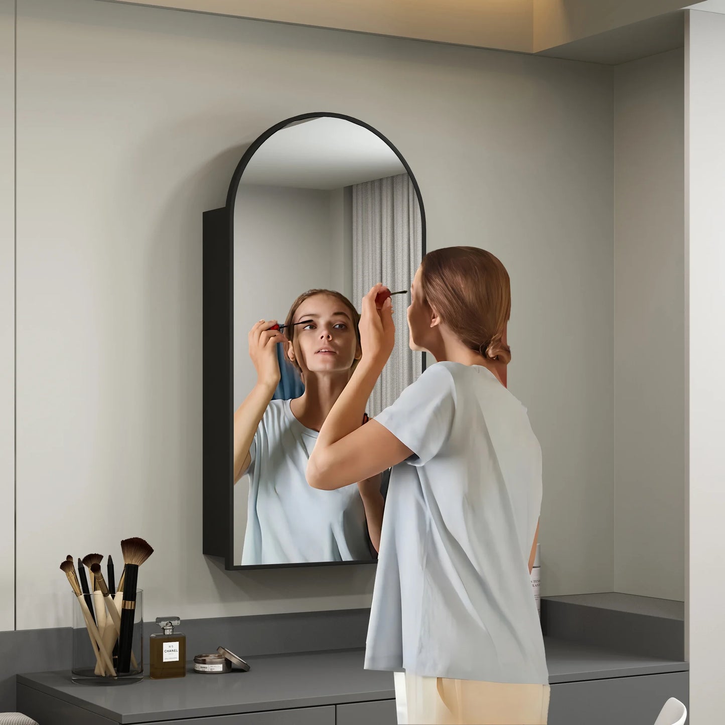 FKWin Arched Bathroom Medicine Cabinet with Mirror - Aluminum Framed Bathroom Mirror with Storage, Black Mirrored Medicine Cabinet, Wall Surface Mounted, 31.4"H x 15.7"W x 3.9"D