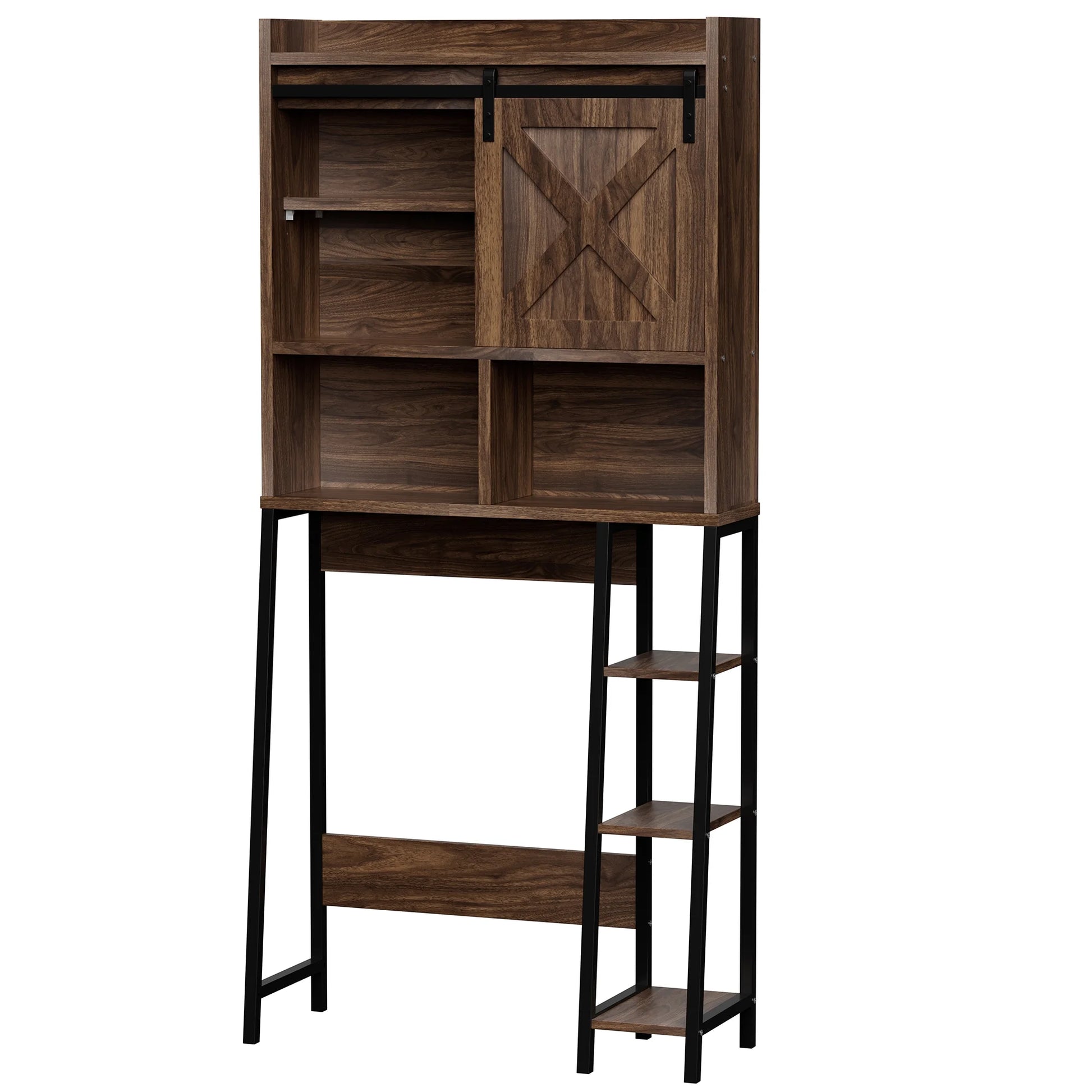 Walsunny Over the Toilet Storage Cabinet with Side Shelves Sliding Door Wooden Shelf Organizer for Restroom Bathroom Laundry,Walnut