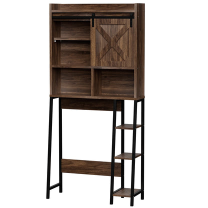 Walsunny Over the Toilet Storage Cabinet with Side Shelves Sliding Door Wooden Shelf Organizer for Restroom Bathroom Laundry,Walnut