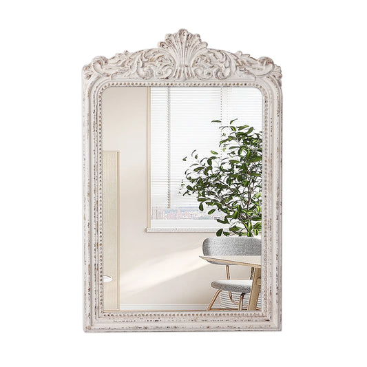 Sintosin Vintage Wood Framed Arendahl for Wall Decor 24" x 36", Hanging Distressed White Rustic Arched Wall Mirror, Ornate Baroque Bathroom Antique Mirror