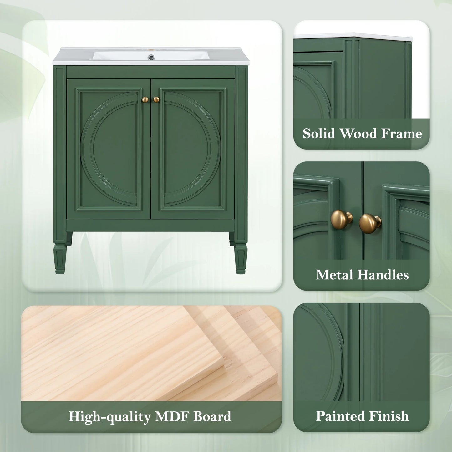 GDF Studio Vintage 30" Bathroom Vanity with Ceramic Sink, Soft-Close Door, and Ample Storage, Green