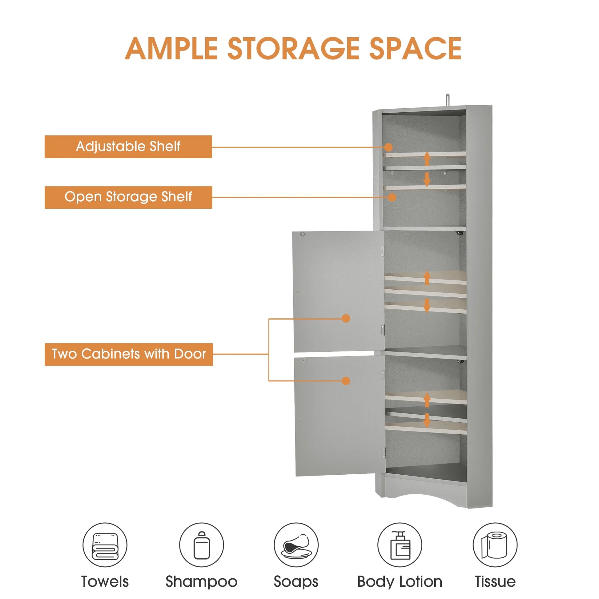 Harper & Bright Designs Bathroom Corner Cabinet Tall Bathroom Storage Floor Cabinet Freestanding Storage Cabinet with Doors and Adjustable Shelves, Gray