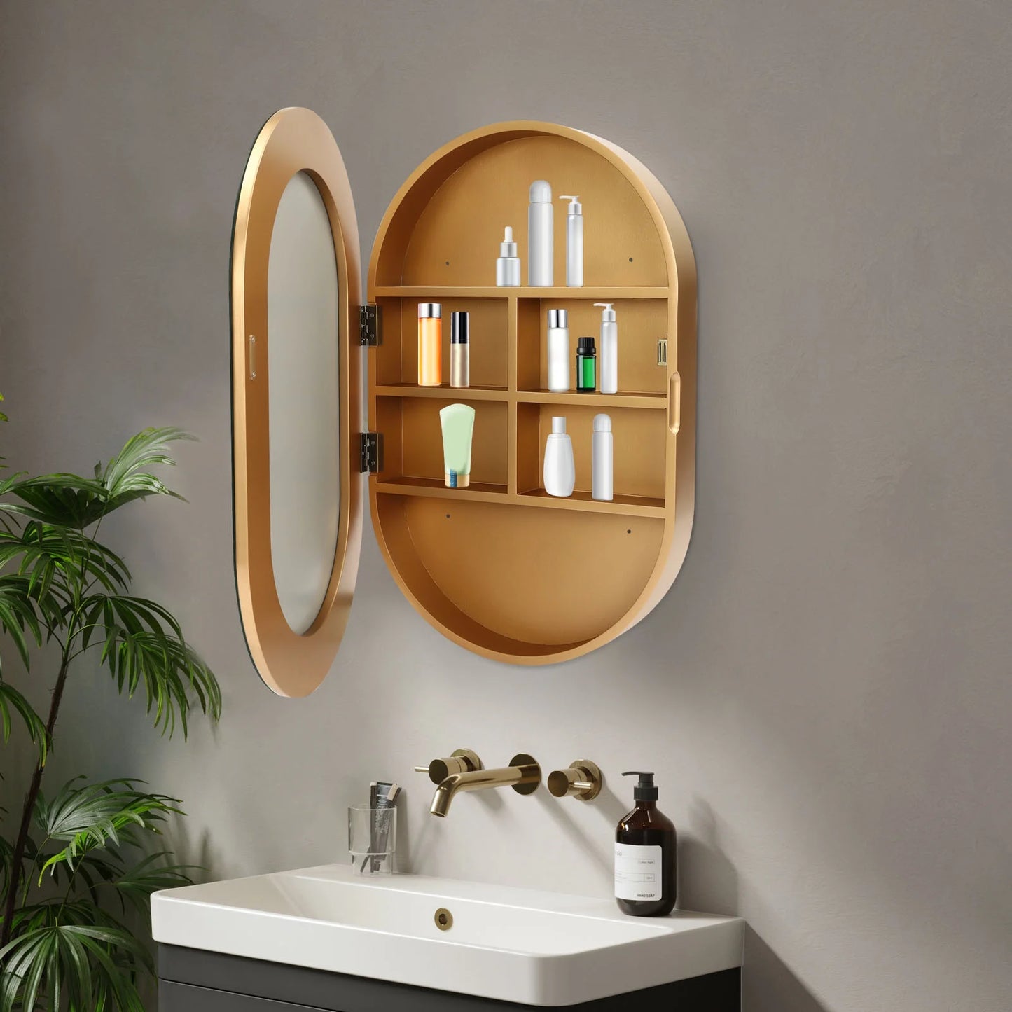 Gold Mirror Cabinet Oval Bathroom Wall-Mounted Mirror Cabinet Wood Storage Cabinet Mirror Surface W/Hide Shelves for Bathroom Toilet Balconies (19.76 * 30.82 * 4.05in)