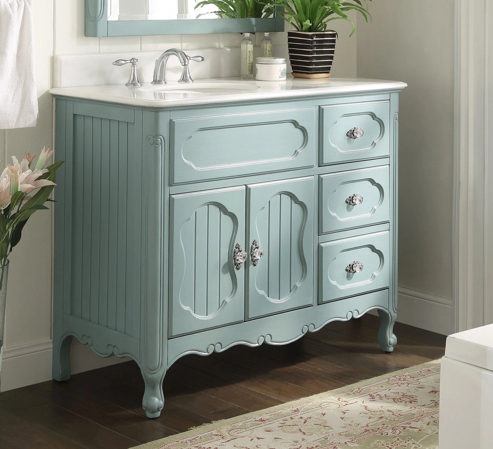 Benton Collection 42" Light Blue Cottage Bathroom Vanity with White Marble Top