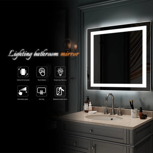 UBesGoo 32"x32'' Led Lighted Bathroom Mirror-Wall Mounted Touch Switch Illuminated Mirror,Vanity Mirrors for Home or Hotel,Silver