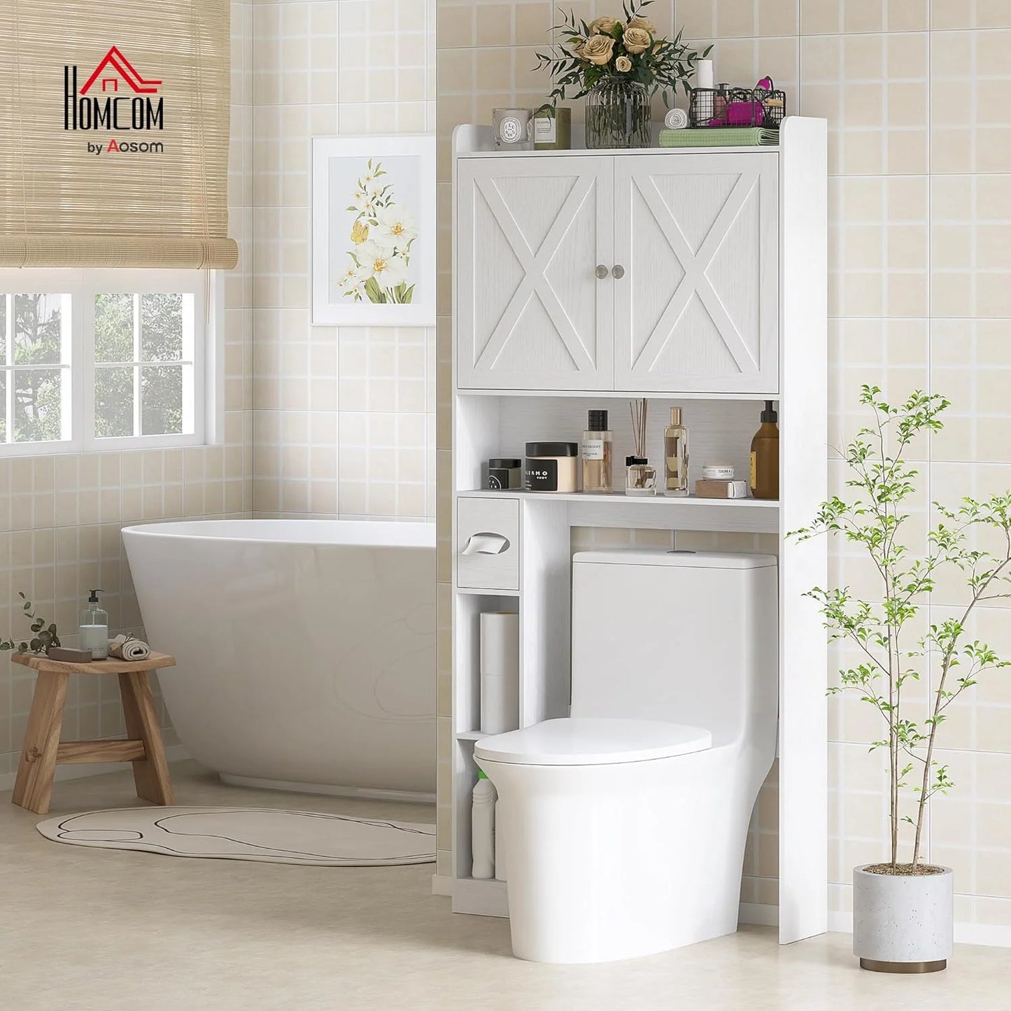 ZIRAV Over The Toilet Storage Cabinet, Farmhouse Above Toilet Bathroom Organizer with Barn Doors, Adjustable Shelf, Toilet Paper Holder, Freestanding Space Saver for Laundry, Distressed White