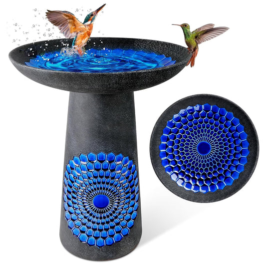 BUYMAX Tall Ceramic Bird Bath for Garden, UV-Resistant, Diamond Blue Grey