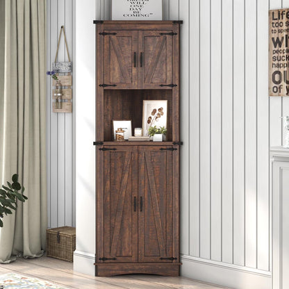 ChVans Farmhouse 68" Tall Corner Cabinet w/4 Barn Doors, 5 Tier Bookcase Storage Cabinet with Adjustable Shelves, Corner Storage Cabinet for Bathroom,Living Room,Kitchen, White-Brown
