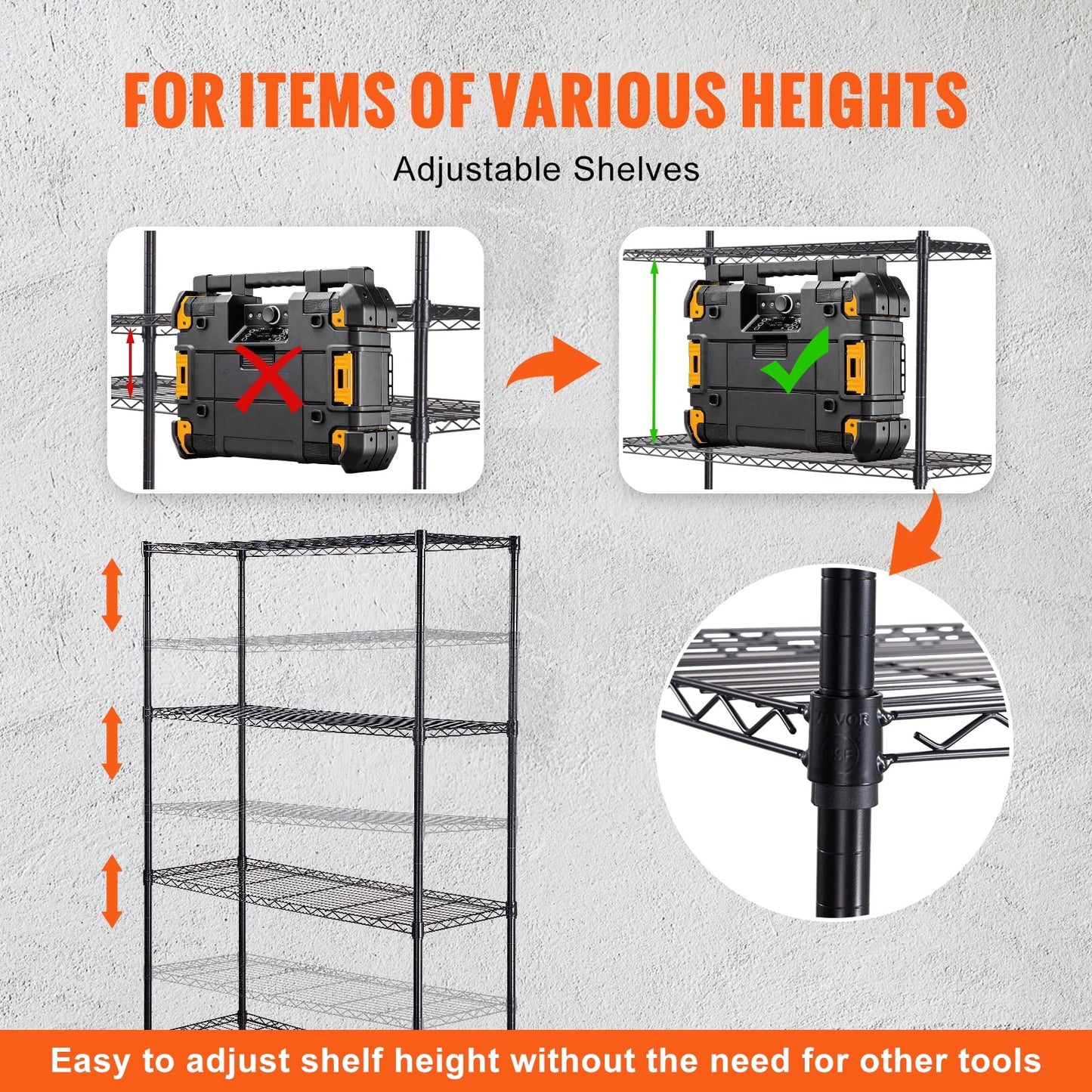 VEVOR Storage Shelving Unit with Wheels,4-Tier Adjustable, 700 lbs Capacity,Heavy Duty Garage Shelves Metal Organizer Wire Rack, Black, 47.2" L x 17.7" W x 74" H for Kitchen Pantry Basement Bathroom
