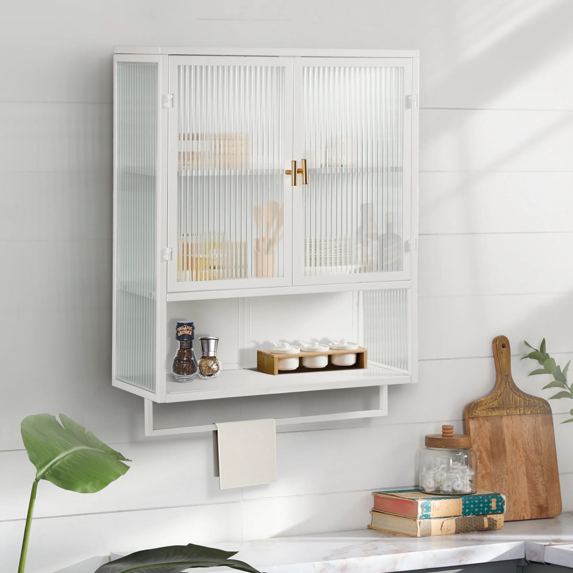 Bathroom Wall Cabinet, Over The Toilet Storage Cabinet with Open Shelf & Towel Rack, Bathroom Cabinet Wall Mount in Metal, Medicine Cabinets for Bathroom, Living Room, Laundry Room, White