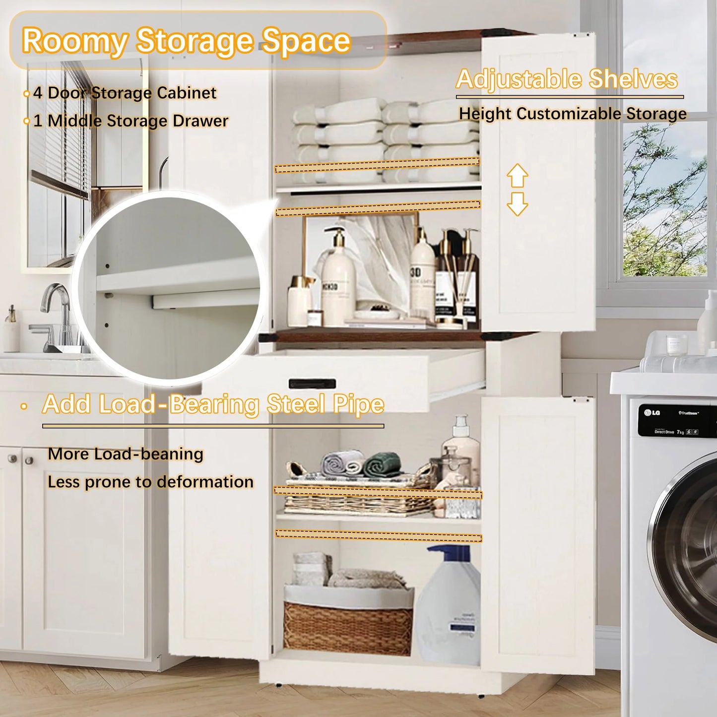 72.4'' Tall Bathroom Storage Cabinet with Drawer & 4 Storage Shelves, Rustic Farmhouse Linen Cabinet with Load-Bearing Steel Pipe & 4 Doors for Bedroom Living Room Kitchen Art/Craft Room