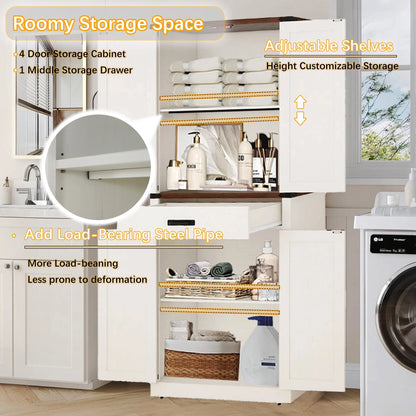 72.4'' Tall Bathroom Storage Cabinet with Drawer & 4 Storage Shelves, Rustic Farmhouse Linen Cabinet with Load-Bearing Steel Pipe & 4 Doors for Bedroom Living Room Kitchen Art/Craft Room
